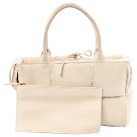 Borsa Bottega Veneta Arco Maxi Intrecciato in pelle x shearling, beige