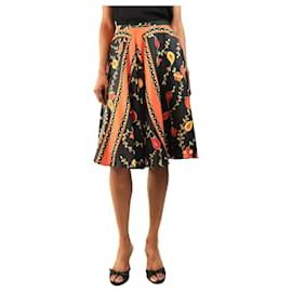 Miu Miu Falda midi de seda con estampado floral en negro y naranja - size UK 8