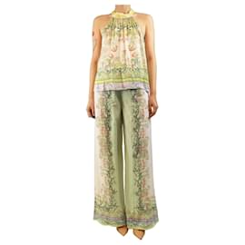 Alice + Olivia Conjunto de top halter y pantalones floral verde y blanco - size UK 10