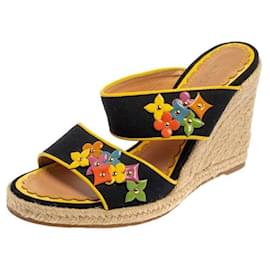 Sandali espadrillas con zeppa Louis Vuitton in tela nera con decorazioni floreali