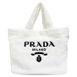 Prada White Spugna Terry Cloth Logo Tote