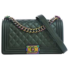 Chanel Green Old Medium Quilted Iridescent Goatskin Rainbow Hardware Boy Flap