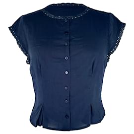 Reformation Kurzarm-Bluse mit Knöpfen aus dunkelblauer Baumwolle