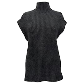 Ganni ärmelloser Strickpullover mit Rippstrick und Stehkragen aus grauer Wolle