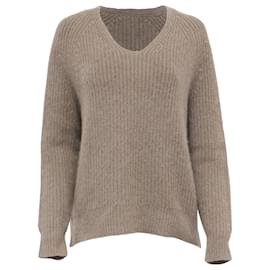 Nili Lotan V-Ausschnitt Zopfstrickpullover aus braunem Kaschmir