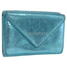 BALENCIAGA Paper Mini Wallet Leather Light Blue Silver 391446 Auth 195242A