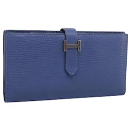 Portafoglio HERMES Bearn Soufflet in pelle blu argento Auth 198789V - Hermès