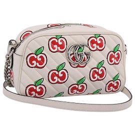 GUCCI GG Marmont Apple Shoulder Bag Leather White Silver 447632 Auth ka5779M