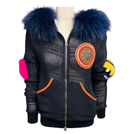 Maglione in maglia mesh blu con cappuccio e zip frontale Mr & Mrs Italy con bordo in pelliccia