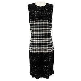 Michael Kors ärmelloses Kleid aus Wollplaid in Schwarz / Weiß mit Spitze