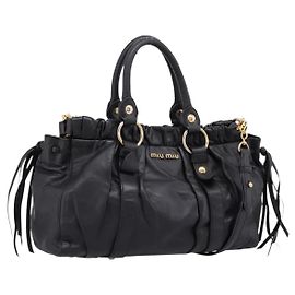 Borsa Miu Miu Vitellolux in pelle 2way Nero Tono Oro Auth 196431