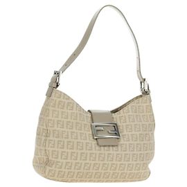 Borsa a tracolla FENDI Zucchino Canvas Mamma Baguette Beige Silver Auth ki6644SAV