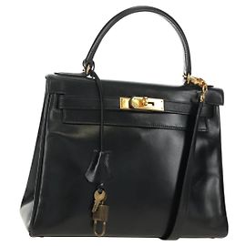 Hermès Borsa a mano HERMES Kelly 28 Box Calfskin 2way Nero Oro Auth 185189SM