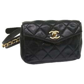 Borsa vita CHANEL Matelasse Turn Lock Chain Lamb Skin Black CC Auth ar11054