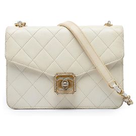 White Chanel Quilted Lambskin Crystal Geometric CC Frame Flap Crossbody Bag
