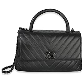 Borsa Chanel Small Coco Top Handle in pelle Caviar nera con motivo Chevron So Black