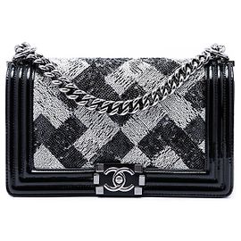 Chanel Black Old Medium Sequin And Patent Boy Flap