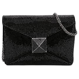 Clutch Valentino One Stud piccola in camoscio nero con cristalli e catena