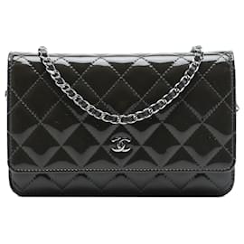 Chanel Gray CC Quilted Patent Wallet On Chain