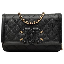 Chanel Portefeuille à chaîne CC Filigree en cuir caviar noir