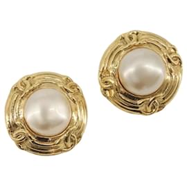 Orecchini Chanel Vintage Round CC Clip-On Metal con Faux Pearl