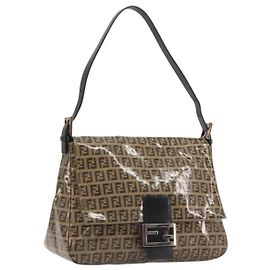 Borsa FENDI Zucchino Canvas Mamma Baguette in tela rivestita Black Brown Auth am12411V