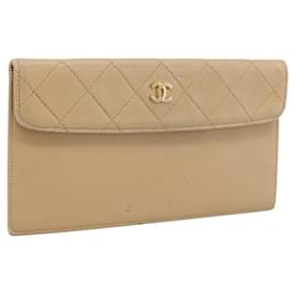 Portafoglio lungo CHANEL Matelasse in pelle d'agnello Beige Gold CC Auth BA15254