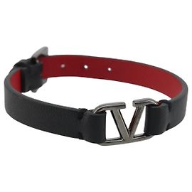 Bracciale VALENTINO Pelle Nero Argento Auth 198840A