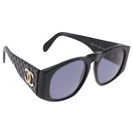 Occhiali da sole CHANEL COCO Mark Matelasse Plastica Nero Oro CC Auth 198824