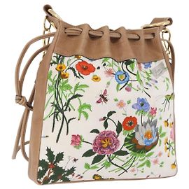 Borsa a tracolla con coulisse GUCCI Flora Canvas White Beige Auth BA14894A