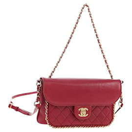 Borsa CHANEL Mini Matelasse 20 con catena in pelle d'agnello 2 vie rossa e oro CC Auth 196377M