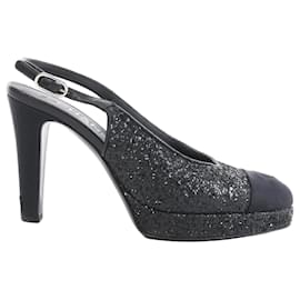 Chanel Coco Mark Leder x Glitter Pumps in Schwarz G37586, Größe EU 37 C