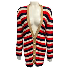 Gucci gestreifter Strick-Cardigan in Rot / Weiß / Blau mit GG-Logo Perlmuttknöpfen