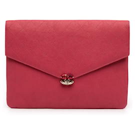 Clutch Sobre Chanel Paris Cuba Acolchado en Cuero Caviar Rojo con Hilo Contrastado