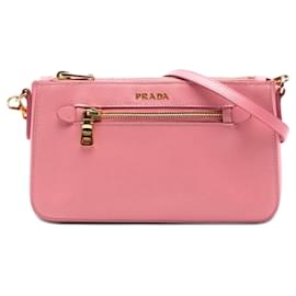Borsa a tracolla Prada Saffiano Lux rosa con tasca frontale