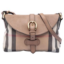 Brown Burberry Small House Check Canvas and Leather Horseshoe Milton Crossbody