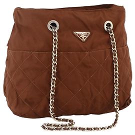 PRADA Schultertasche mit Kette Nylon Braun Gold