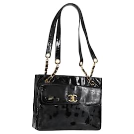 CHANEL Chain Tote Bag Patent leather Black Gold CC