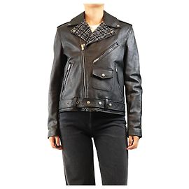 Saint Laurent Giacca biker in pelle nera e tweed - size UK 12