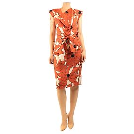 Autre Marque Midi-Kleid mit geometrischem Blumenmuster und cowl-neck, Burnt Orange - size UK 10