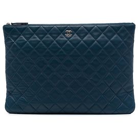 Chanel Blue Large Quilted Lambskin O Case Clutch