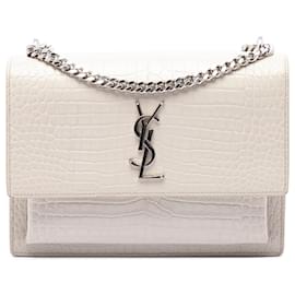 Saint Laurent White Medium Croc Embossed Leather Monogram Sunset Crossbody