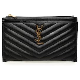 Saint Laurent Black Chevron Grain De Poudre Monogram Bill Pouch