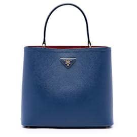 Prada Borsa Satchel Panier Grande in Pelle Saffiano Blu