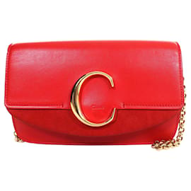 Chloé Mini C Chain Crossbody aus rotem Kalbsleder und Wildleder