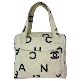 Borsa vintage Chanel Matelasse Logo in tela di cotone avorio