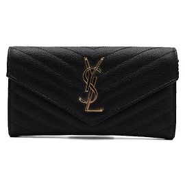 Saint Laurent Portefeuille à rabat Matelasse Grain Calfskin Caviar Gold Monogram