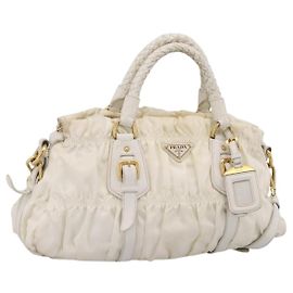 Borsa a mano arricciata PRADA Nylon 2way White Gold Tone Auth 198464