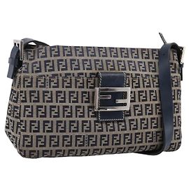 Borsa a tracolla FENDI Zucchino Canvas Mamma Baguette Navy Silver Auth 197199A