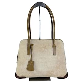 Borsa Tote Vintage Prada in Tela e Pelle Beige e Marrone